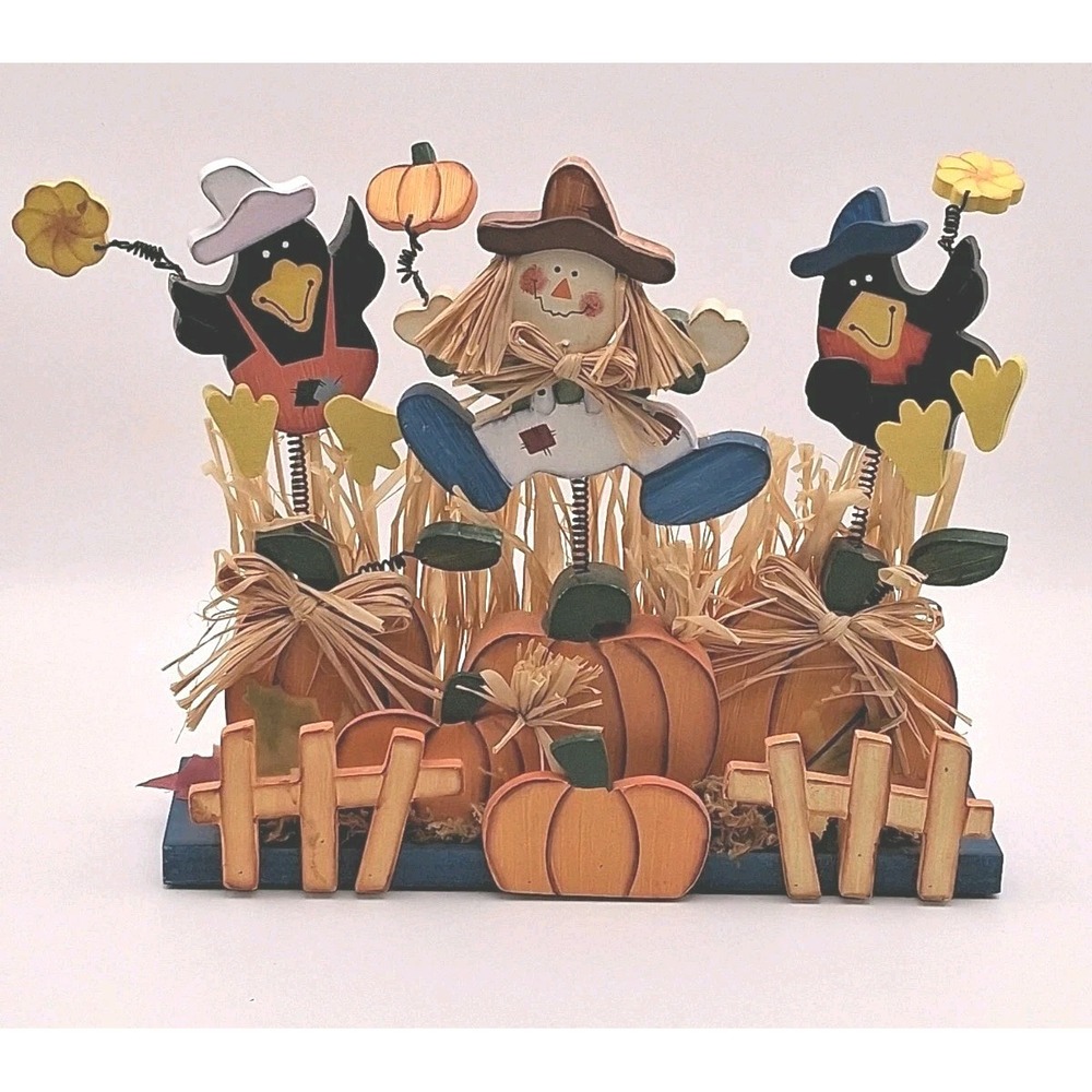 Vintage Fall & Halloween Wood & Springed Pumpkins Scarecrow & Crows Fence Decor